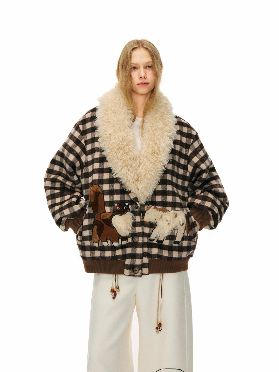 OuttheBlue Warm Wool Blend Single Breasted Loose Fit Commuter Brown Beige Plaid Jackets