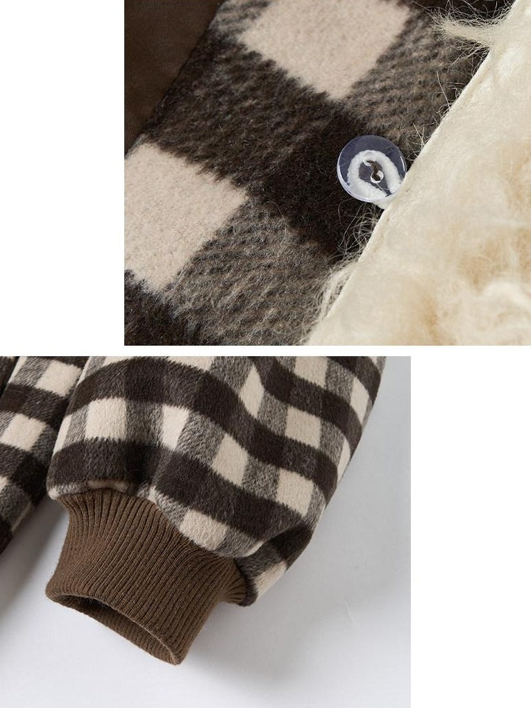 OuttheBlue Warm Wool Blend Single Breasted Loose Fit Commuter Brown Beige Plaid Jackets