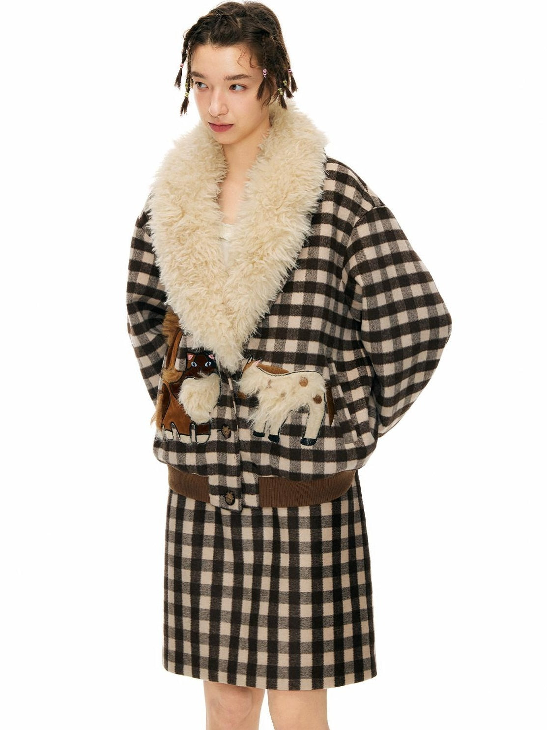 OuttheBlue Warm Wool Blend Single Breasted Loose Fit Commuter Brown Beige Plaid Jackets