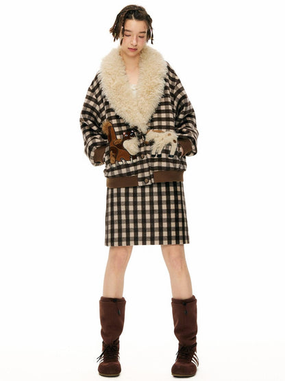 OuttheBlue Warm Wool Blend Single Breasted Loose Fit Commuter Brown Beige Plaid Jackets
