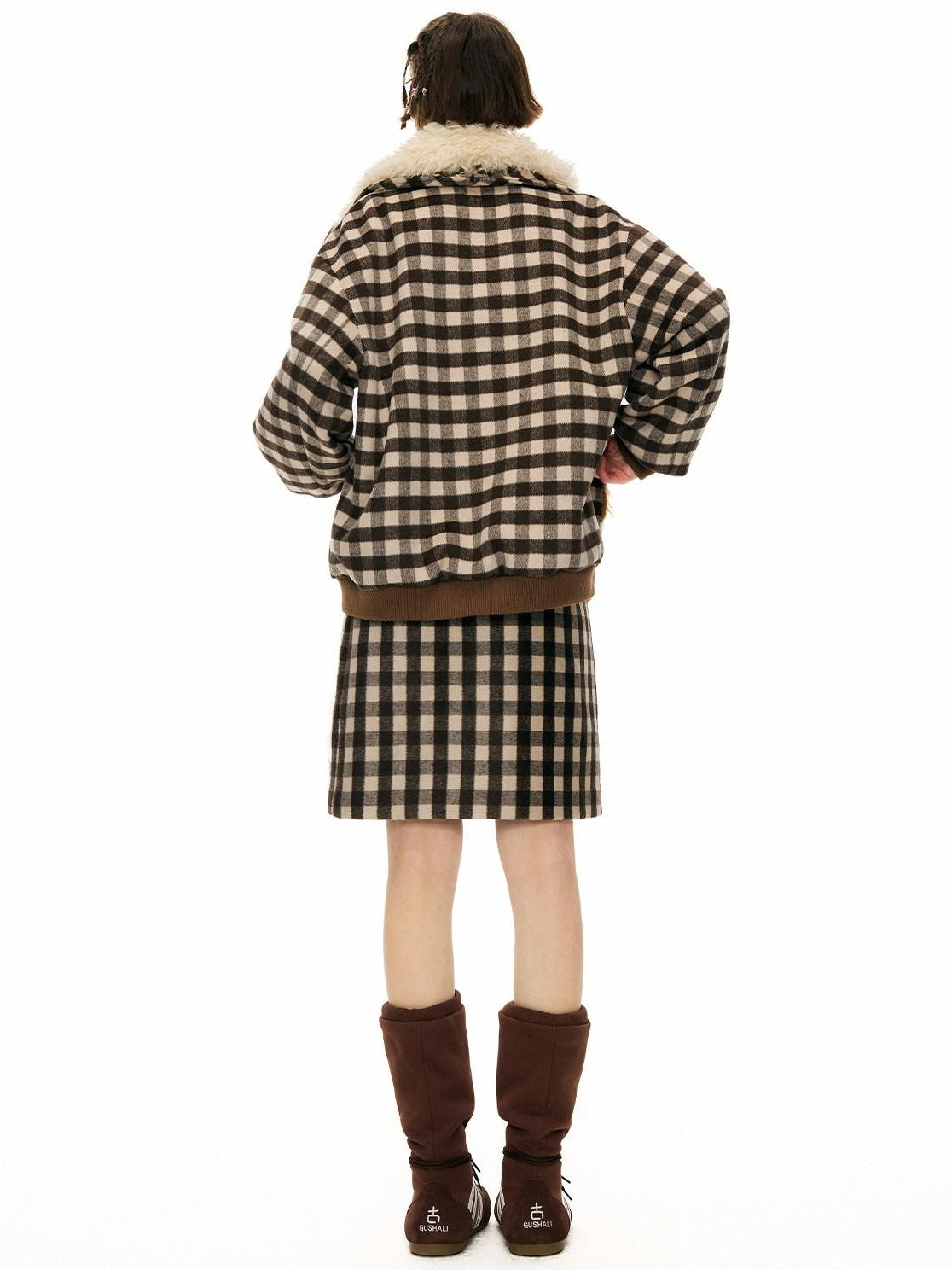OuttheBlue Warm Wool Blend Single Breasted Loose Fit Commuter Brown Beige Plaid Jackets
