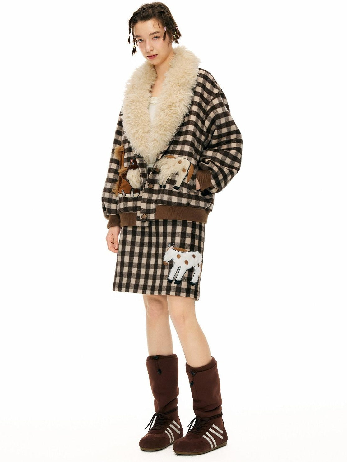 OuttheBlue Warm Wool Blend Single Breasted Loose Fit Commuter Brown Beige Plaid Jackets