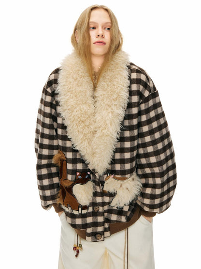 OuttheBlue Warm Wool Blend Single Breasted Loose Fit Commuter Brown Beige Plaid Jackets
