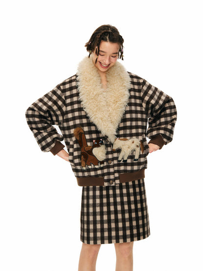 OuttheBlue Warm Wool Blend Single Breasted Loose Fit Commuter Brown Beige Plaid Jackets