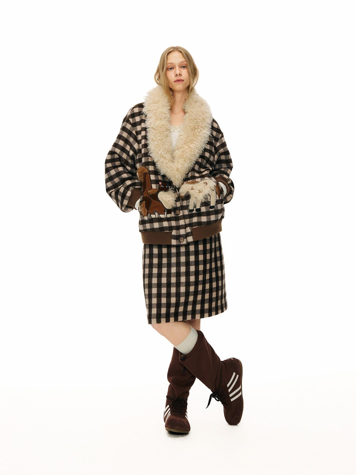 OuttheBlue Warm Wool Blend Single Breasted Loose Fit Commuter Brown Beige Plaid Jackets