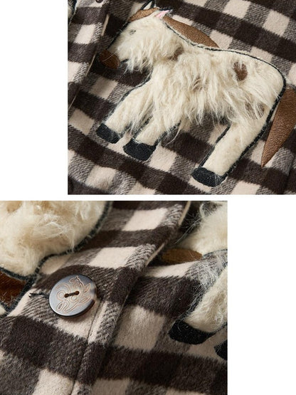 OuttheBlue Warm Wool Blend Single Breasted Loose Fit Commuter Brown Beige Plaid Jackets