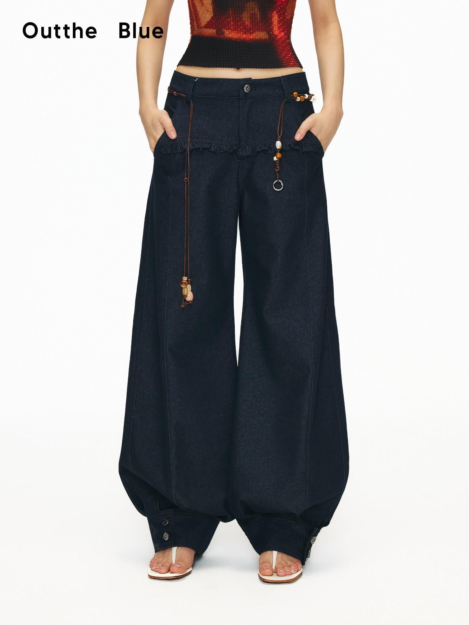 OuttheBlue Washed Cotton Relaxed Natural Waist Pocket Button Fly Women Navy Wide-Leg Jeans