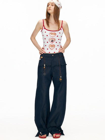 OuttheBlue Washed Cotton Relaxed Natural Waist Pocket Button Fly Women Navy Wide-Leg Jeans