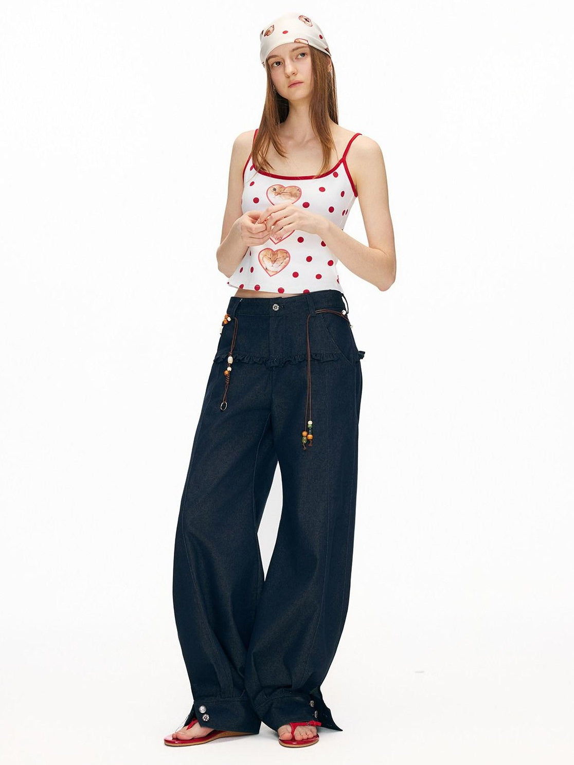 OuttheBlue Washed Cotton Relaxed Natural Waist Pocket Button Fly Women Navy Wide-Leg Jeans