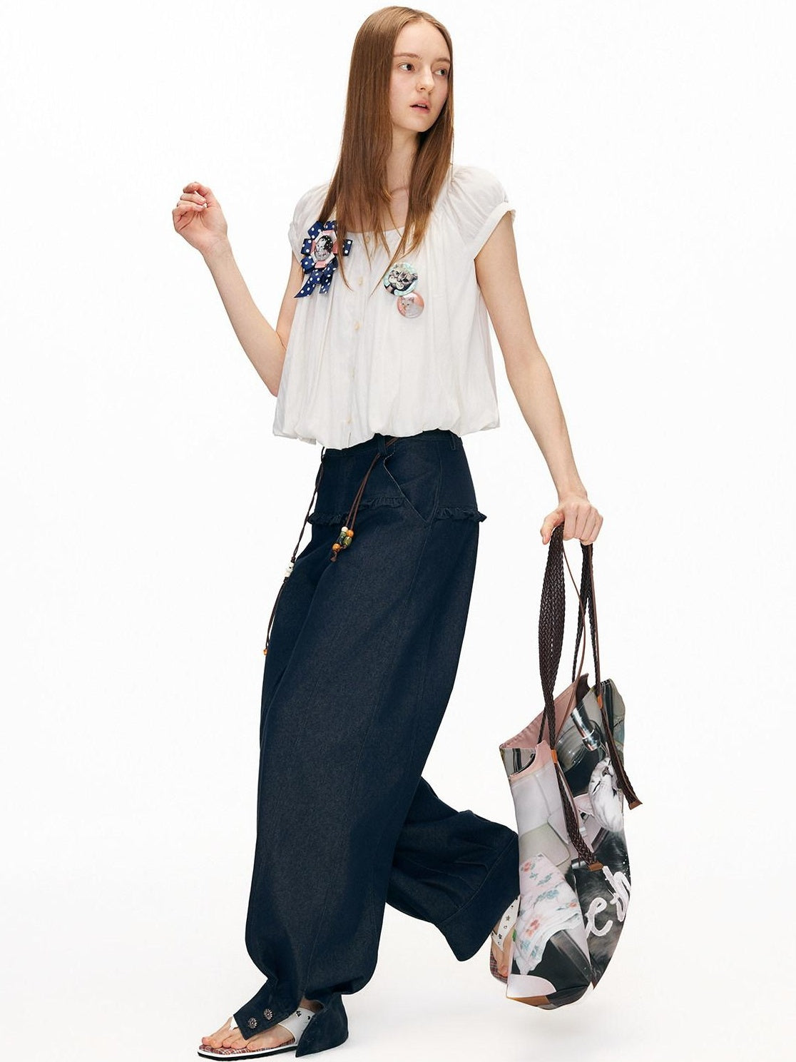 OuttheBlue Washed Cotton Relaxed Natural Waist Pocket Button Fly Women Navy Wide-Leg Jeans