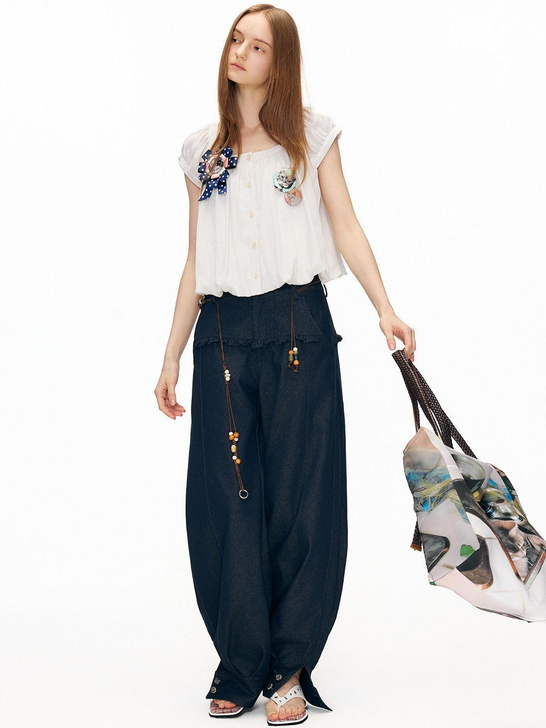 OuttheBlue Washed Cotton Relaxed Natural Waist Pocket Button Fly Women Navy Wide-Leg Jeans