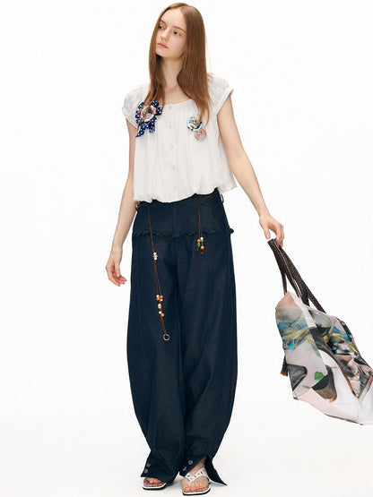 OuttheBlue Washed Cotton Relaxed Natural Waist Pocket Button Fly Women Navy Wide-Leg Jeans
