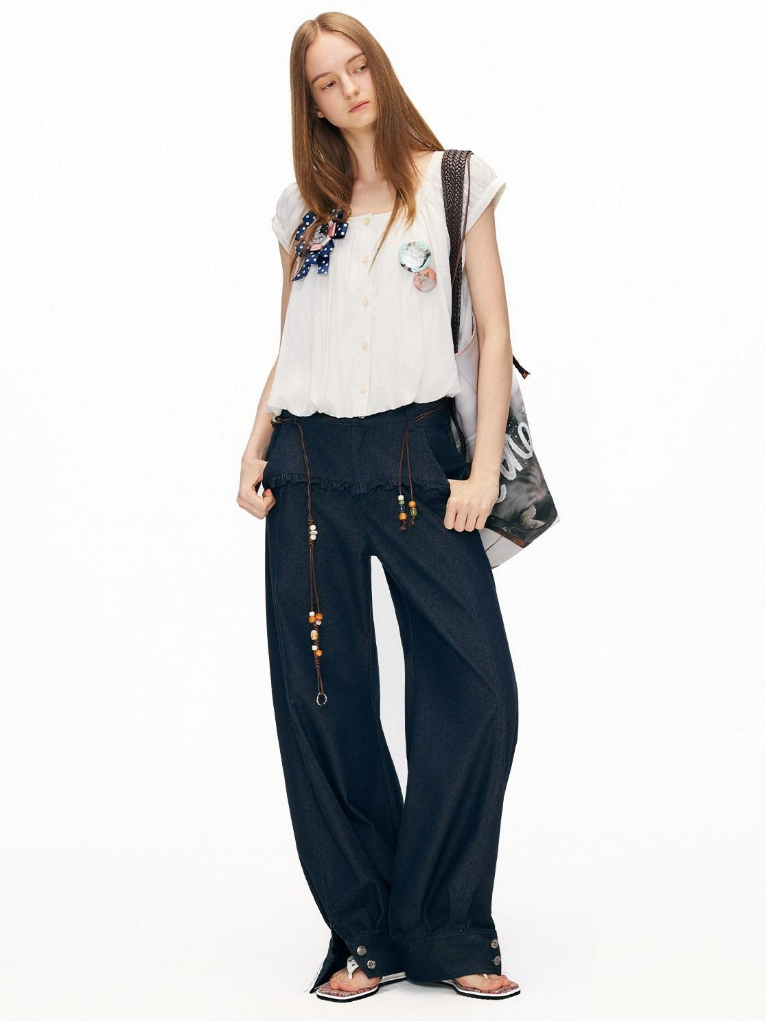 OuttheBlue Washed Cotton Relaxed Natural Waist Pocket Button Fly Women Navy Wide-Leg Jeans
