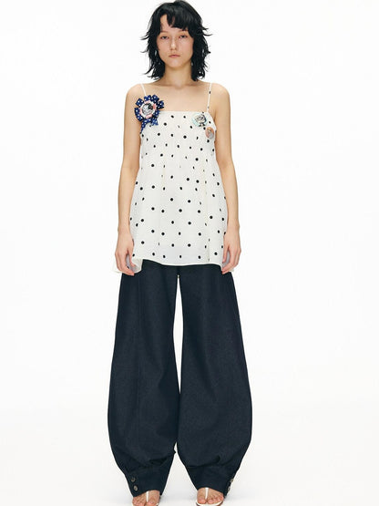OuttheBlue Washed Cotton Relaxed Natural Waist Pocket Button Fly Women Navy Wide-Leg Jeans