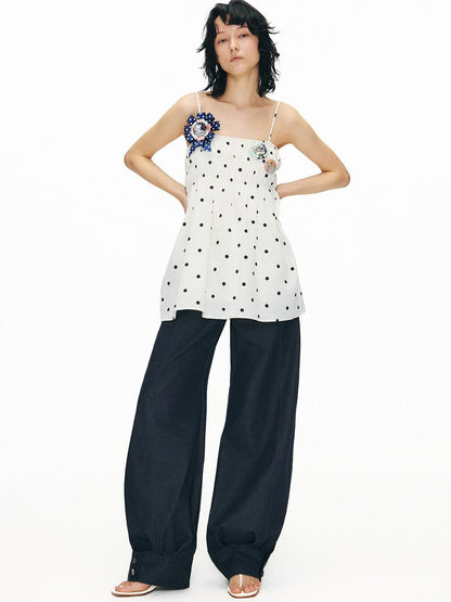 OuttheBlue Washed Cotton Relaxed Natural Waist Pocket Button Fly Women Navy Wide-Leg Jeans
