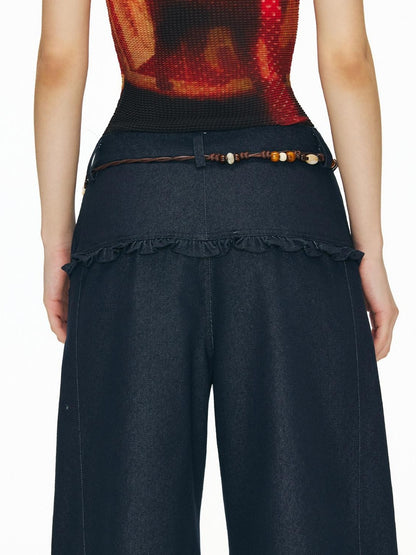 OuttheBlue Washed Cotton Relaxed Natural Waist Pocket Button Fly Women Navy Wide-Leg Jeans