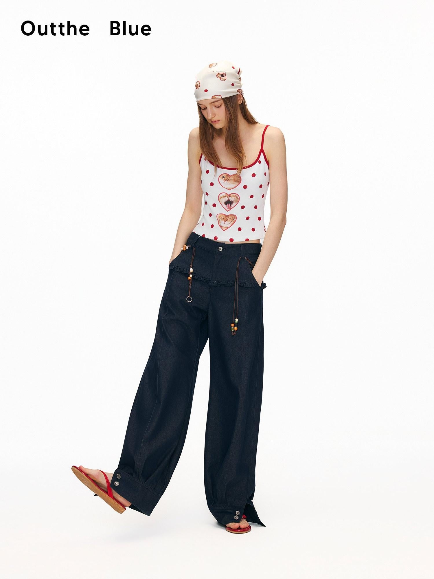 OuttheBlue Washed Cotton Relaxed Natural Waist Pocket Button Fly Women Navy Wide-Leg Jeans