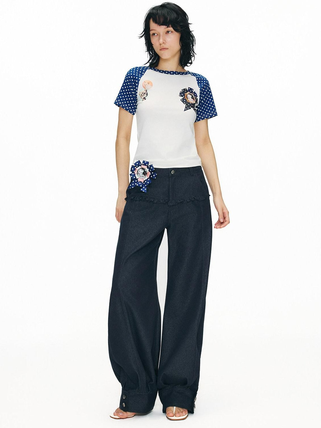 OuttheBlue Washed Cotton Relaxed Natural Waist Pocket Button Fly Women Navy Wide-Leg Jeans