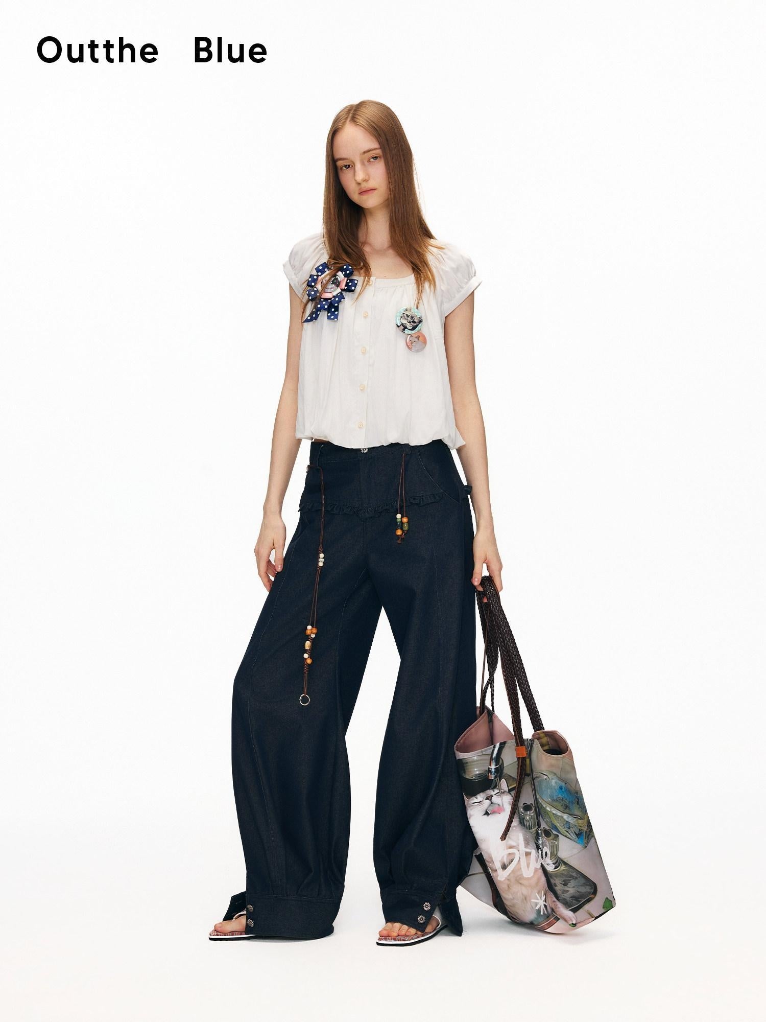 OuttheBlue Washed Cotton Relaxed Natural Waist Pocket Button Fly Women Navy Wide-Leg Jeans