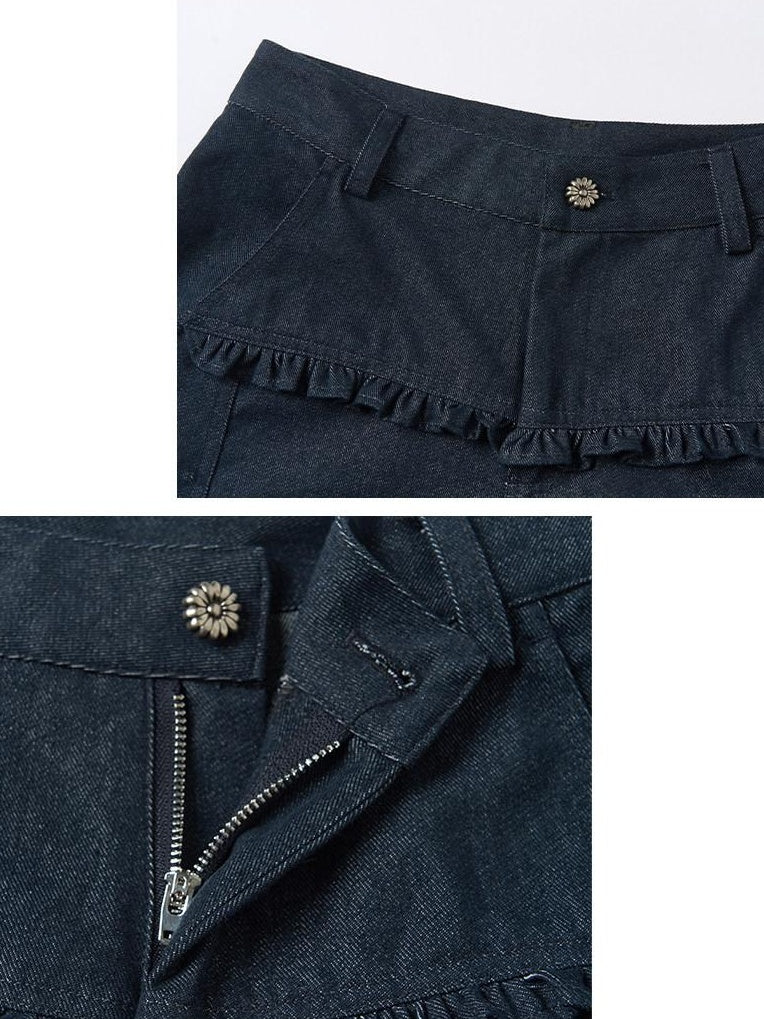 OuttheBlue Washed Cotton Relaxed Natural Waist Pocket Button Fly Women Navy Wide-Leg Jeans