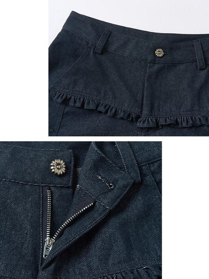 OuttheBlue Washed Cotton Relaxed Natural Waist Pocket Button Fly Women Navy Wide-Leg Jeans