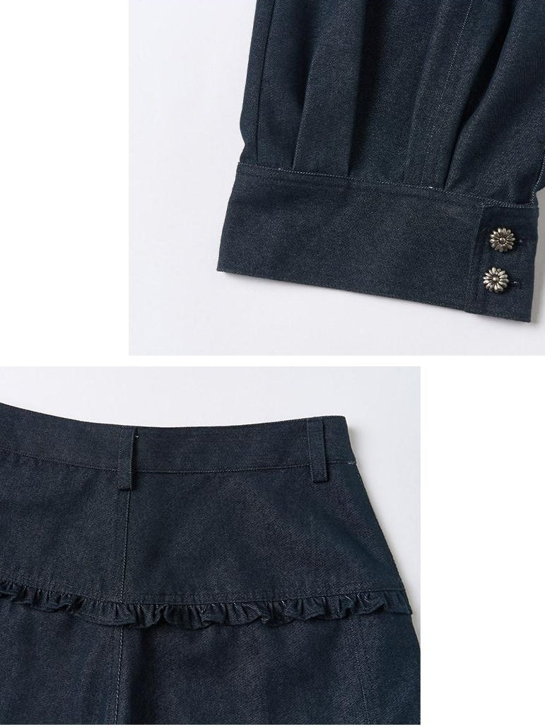 OuttheBlue Washed Cotton Relaxed Natural Waist Pocket Button Fly Women Navy Wide-Leg Jeans