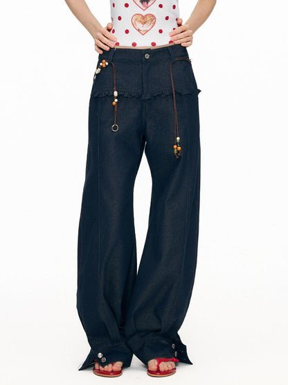 OuttheBlue Washed Cotton Relaxed Natural Waist Pocket Button Fly Women Navy Wide-Leg Jeans