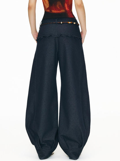 OuttheBlue Washed Cotton Relaxed Natural Waist Pocket Button Fly Women Navy Wide-Leg Jeans
