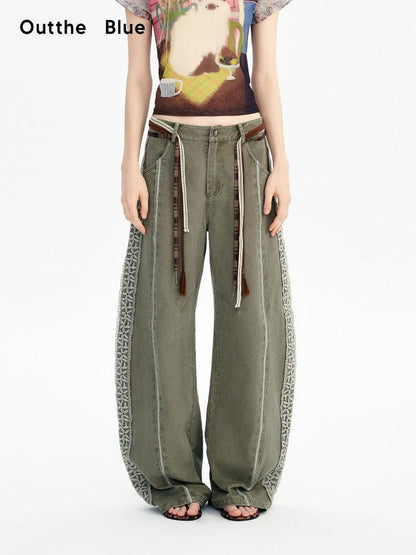 OuttheBlue Washed Green Pure Cotton Lace Trim Loose Curved Leg Natural Waist Pocket Pants