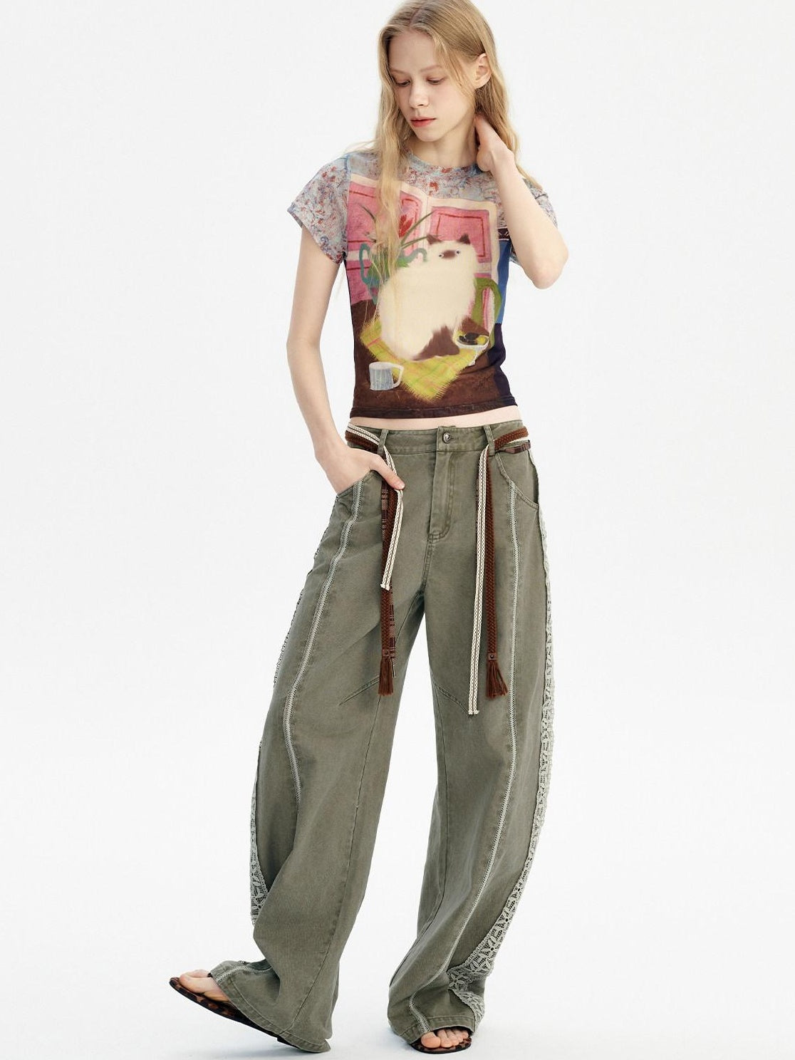 OuttheBlue Washed Green Pure Cotton Lace Trim Loose Curved Leg Natural Waist Pocket Pants
