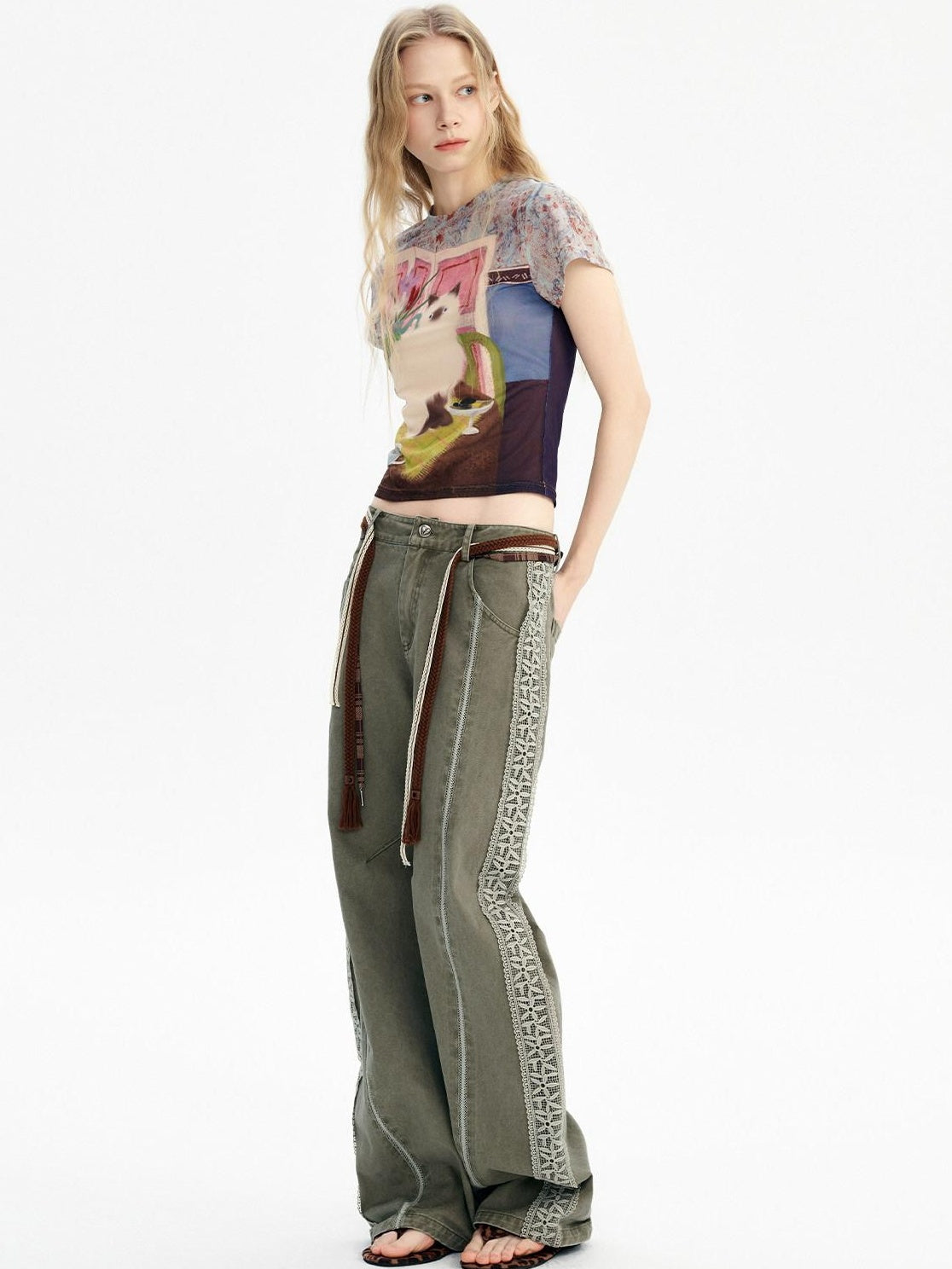OuttheBlue Washed Green Pure Cotton Lace Trim Loose Curved Leg Natural Waist Pocket Pants