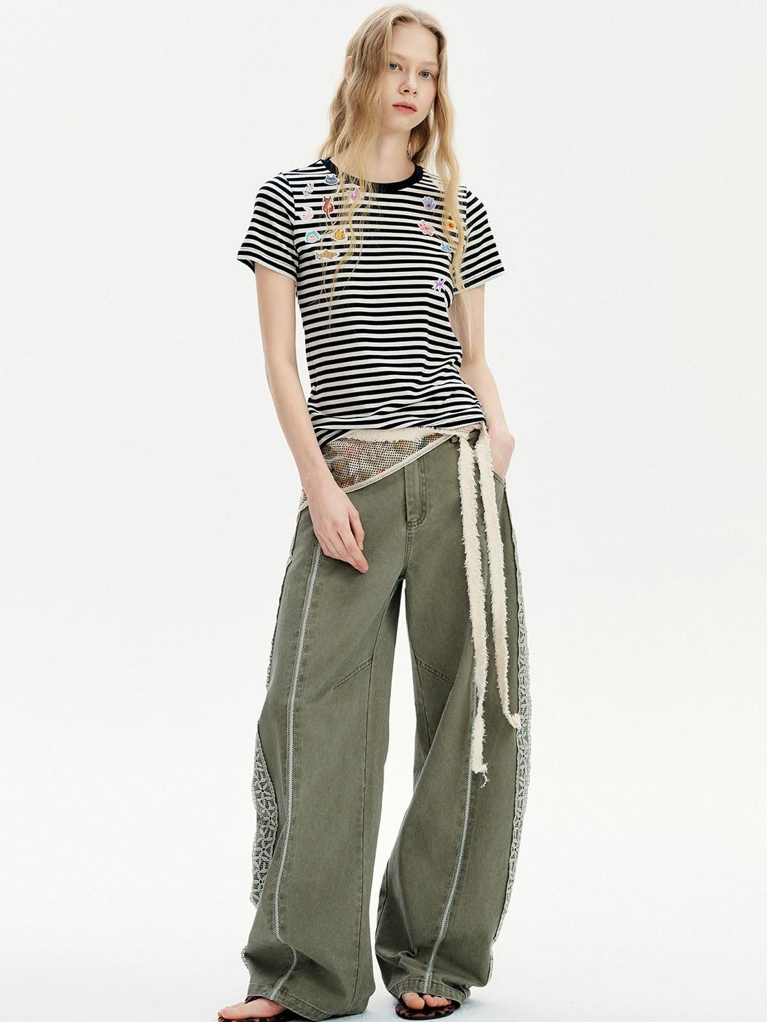 OuttheBlue Washed Green Pure Cotton Lace Trim Loose Curved Leg Natural Waist Pocket Pants