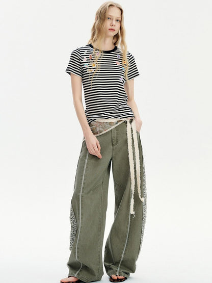 OuttheBlue Washed Green Pure Cotton Lace Trim Loose Curved Leg Natural Waist Pocket Pants