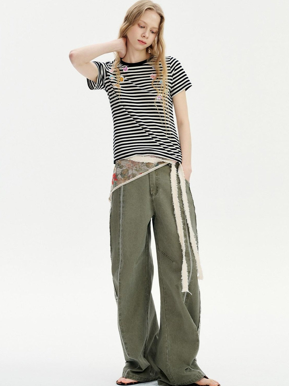 OuttheBlue Washed Green Pure Cotton Lace Trim Loose Curved Leg Natural Waist Pocket Pants