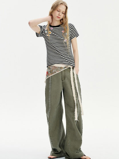 OuttheBlue Washed Green Pure Cotton Lace Trim Loose Curved Leg Natural Waist Pocket Pants