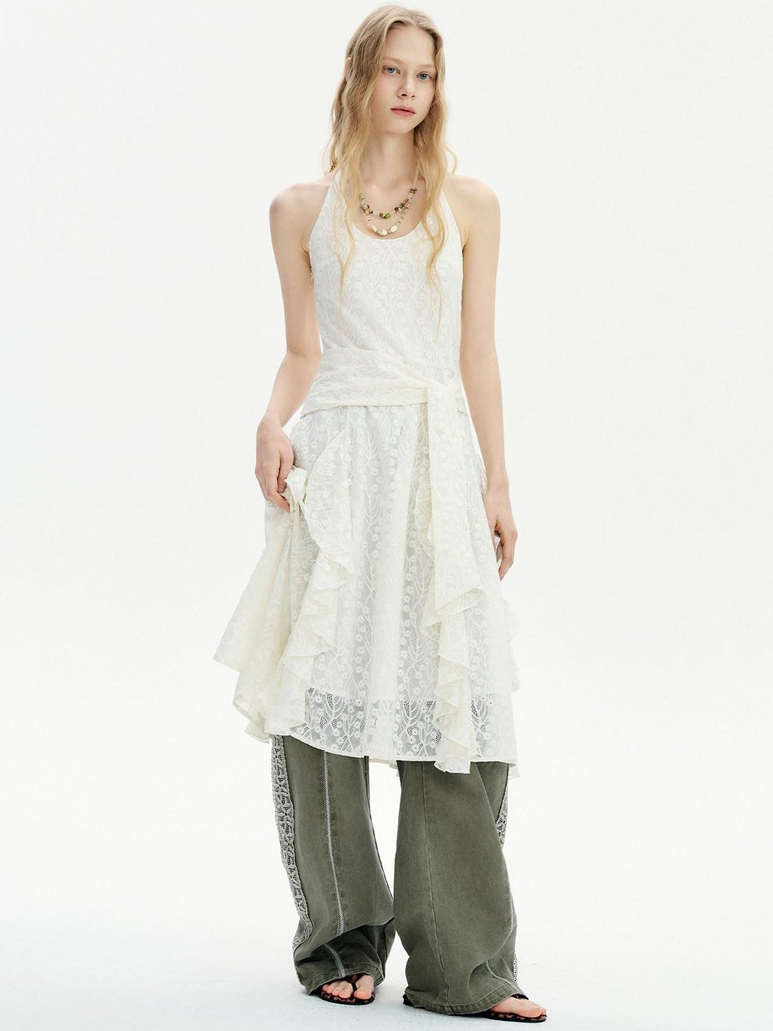 OuttheBlue Washed Green Pure Cotton Lace Trim Loose Curved Leg Natural Waist Pocket Pants