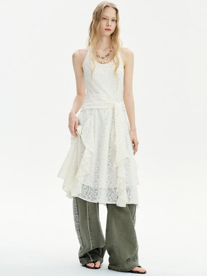 OuttheBlue Washed Green Pure Cotton Lace Trim Loose Curved Leg Natural Waist Pocket Pants