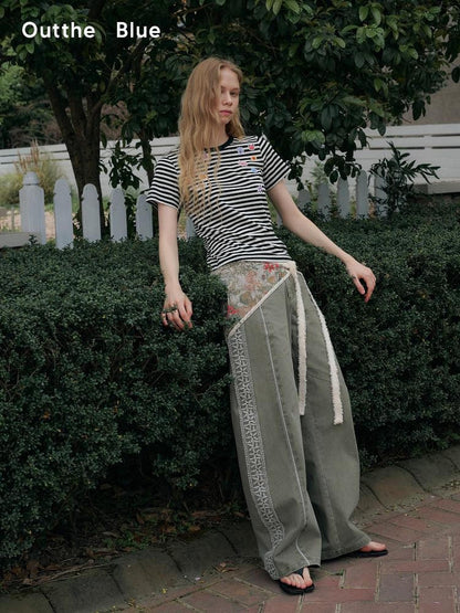 OuttheBlue Washed Green Pure Cotton Lace Trim Loose Curved Leg Natural Waist Pocket Pants