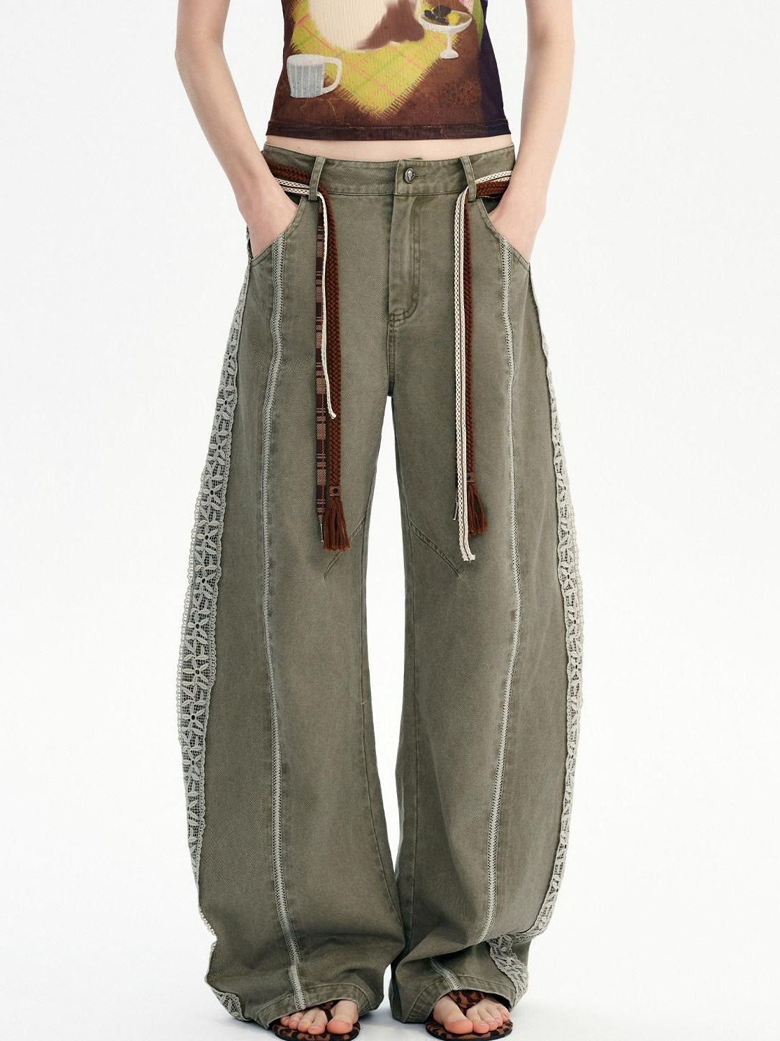 OuttheBlue Washed Green Pure Cotton Lace Trim Loose Curved Leg Natural Waist Pocket Pants