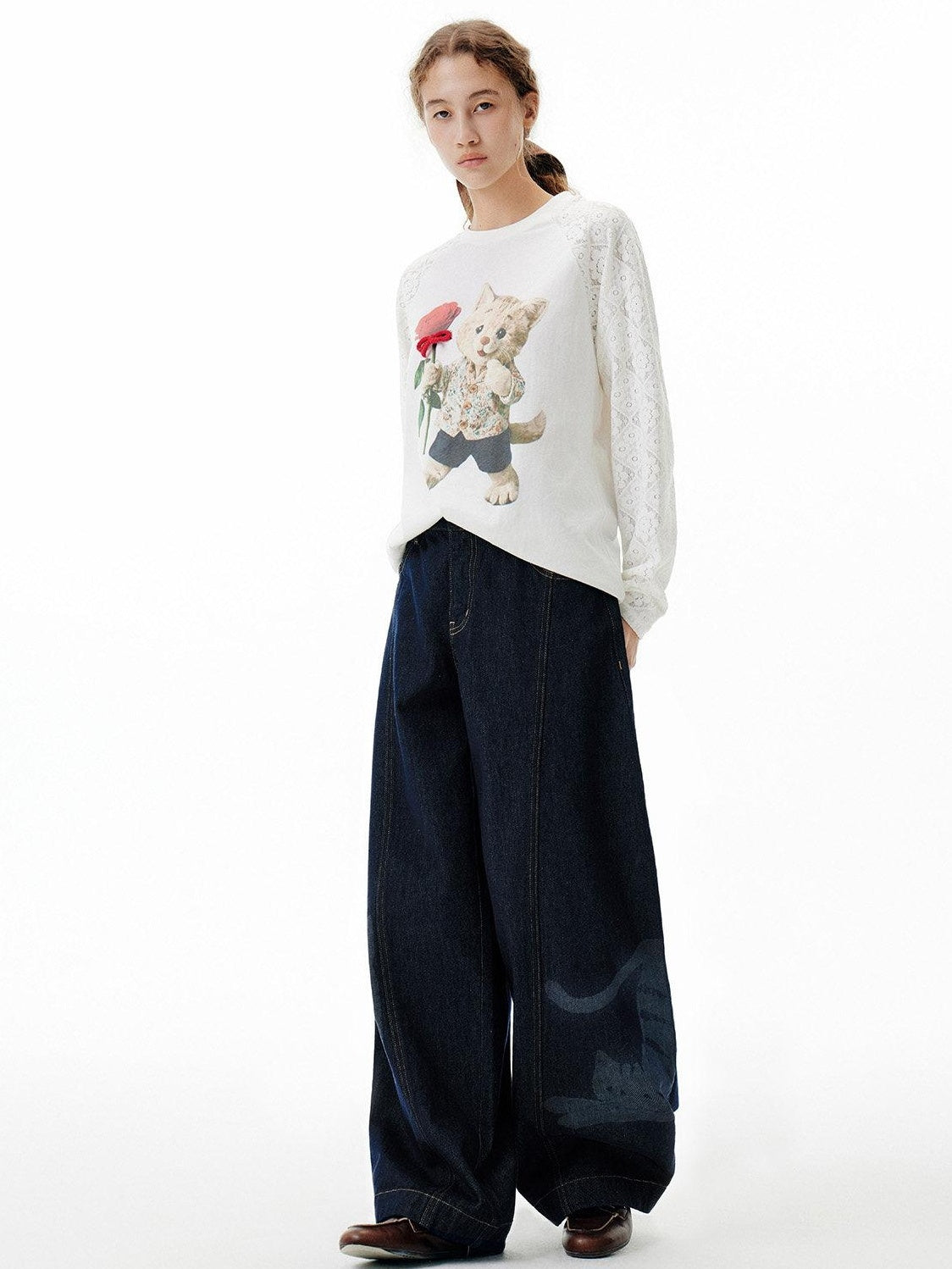 OuttheBlue Washed High Waist Wide Leg Casual Cotton Denim Blue Non Stretch Jeans