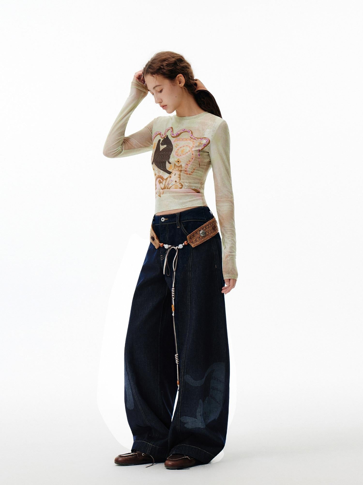 OuttheBlue Washed High Waist Wide Leg Casual Cotton Denim Blue Non Stretch Jeans