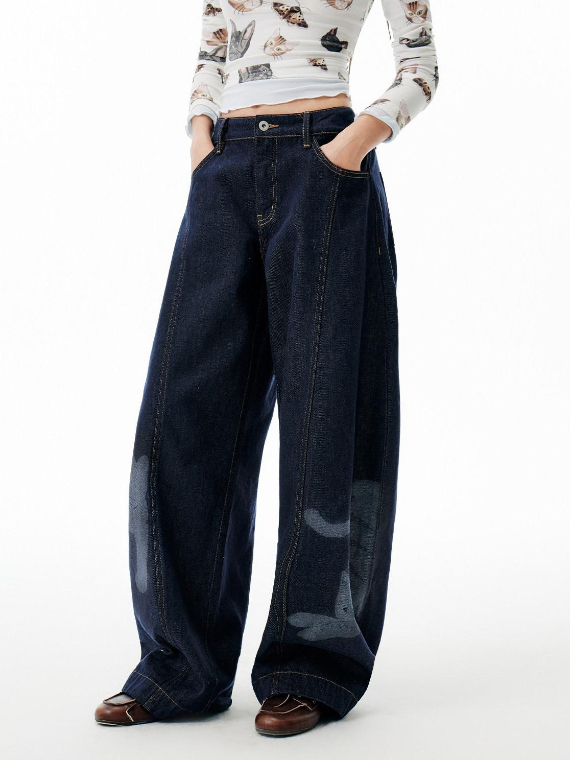 OuttheBlue Washed High Waist Wide Leg Casual Cotton Denim Blue Non Stretch Jeans