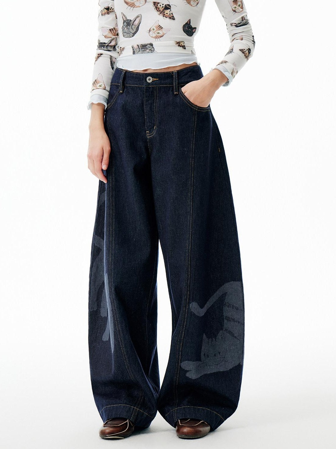 OuttheBlue Washed High Waist Wide Leg Casual Cotton Denim Blue Non Stretch Jeans