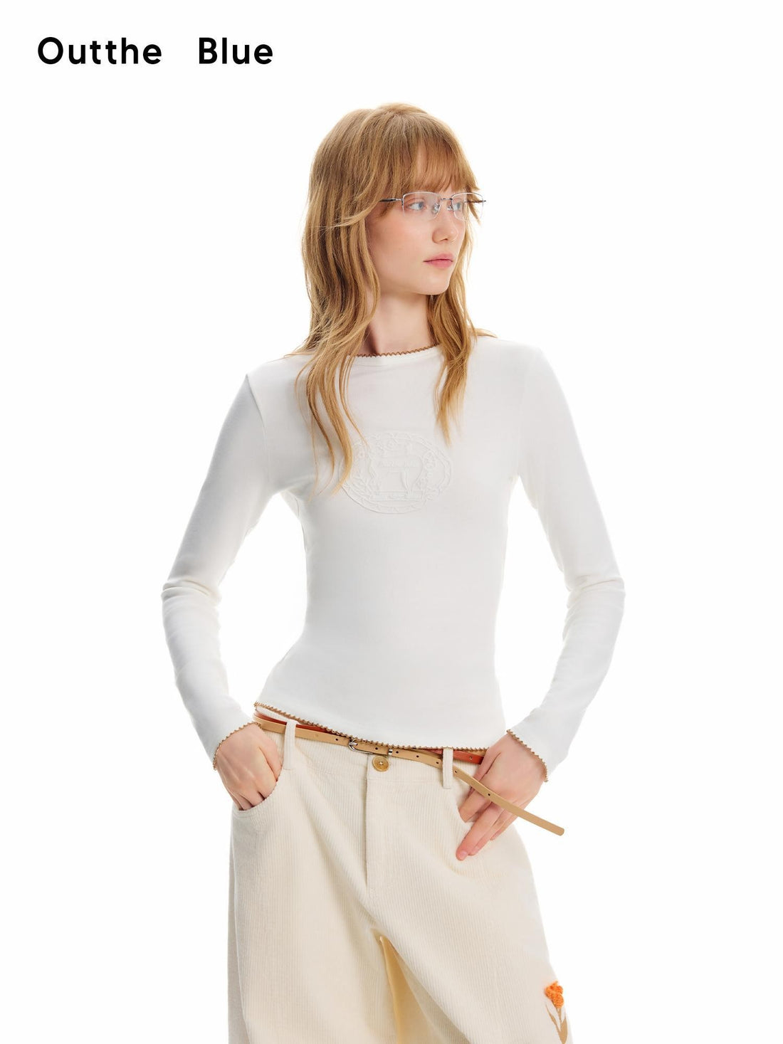 OuttheBlue White Cat Embroidered Lace Modal Slim Fit Women&