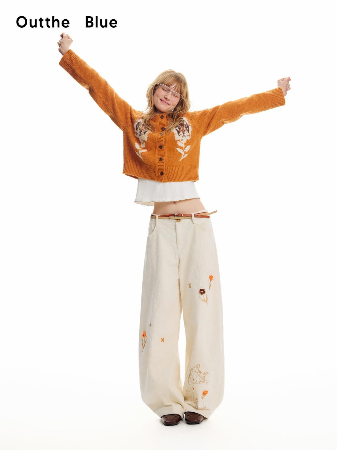 OuttheBlue White Cat Embroidered Lace Modal Slim Fit Women&