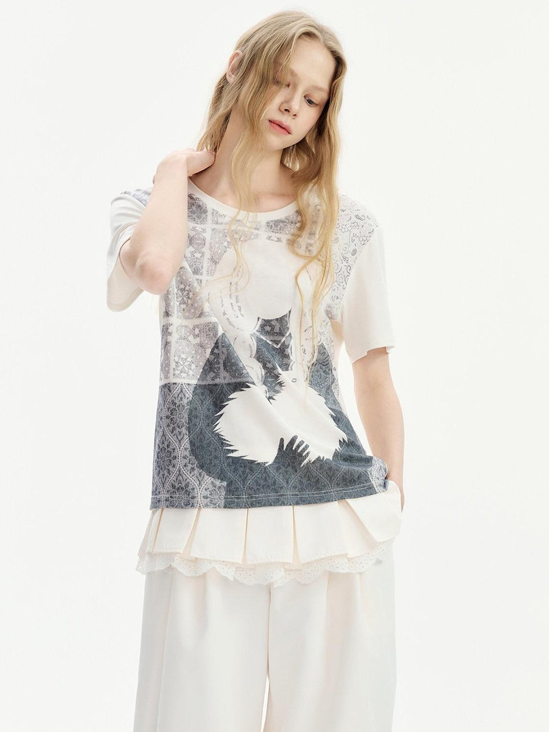 OuttheBlue Window Girl And Cat Printed Loose Women&