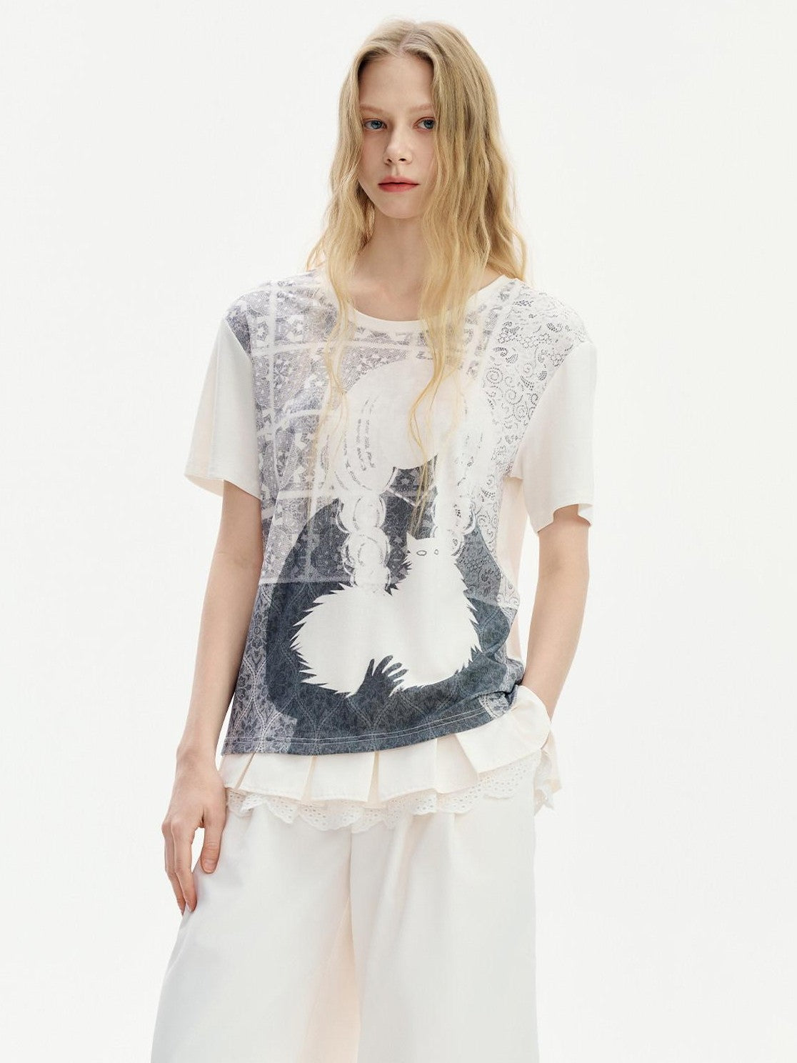 OuttheBlue Window Girl And Cat Printed Loose Women&