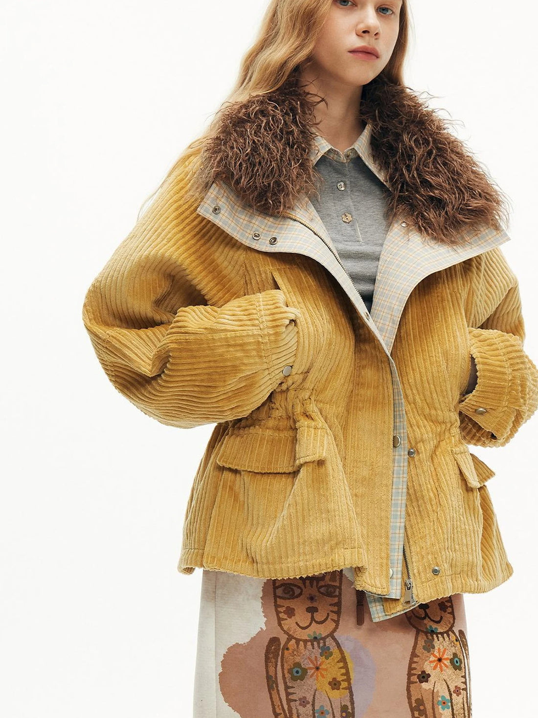 OuttheBlue Winter Blue Cozy Lined Collar Coat V-neck T-shirt Long Sleeve