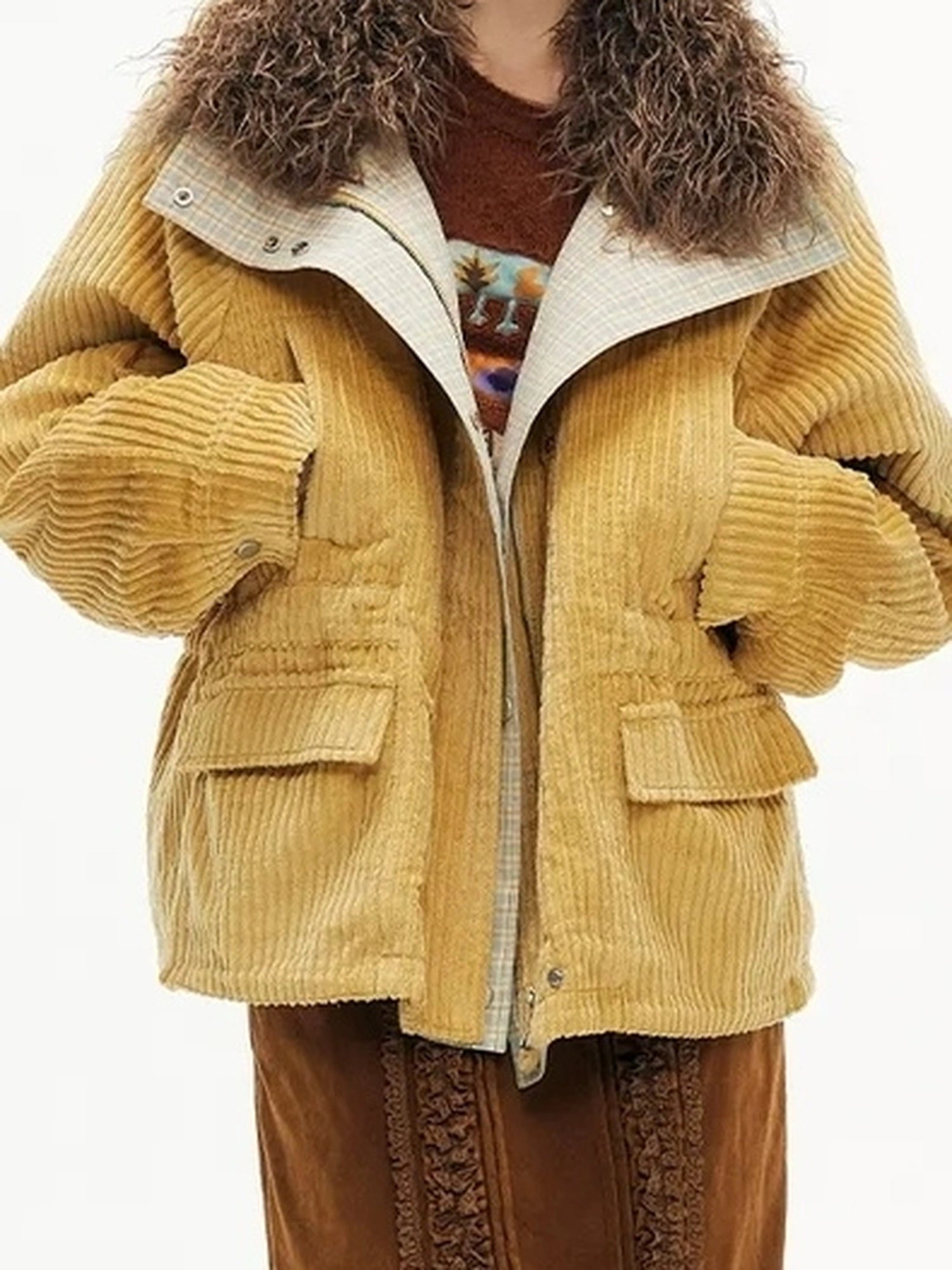 OuttheBlue Winter Blue Cozy Lined Collar Coat V-neck T-shirt Long Sleeve