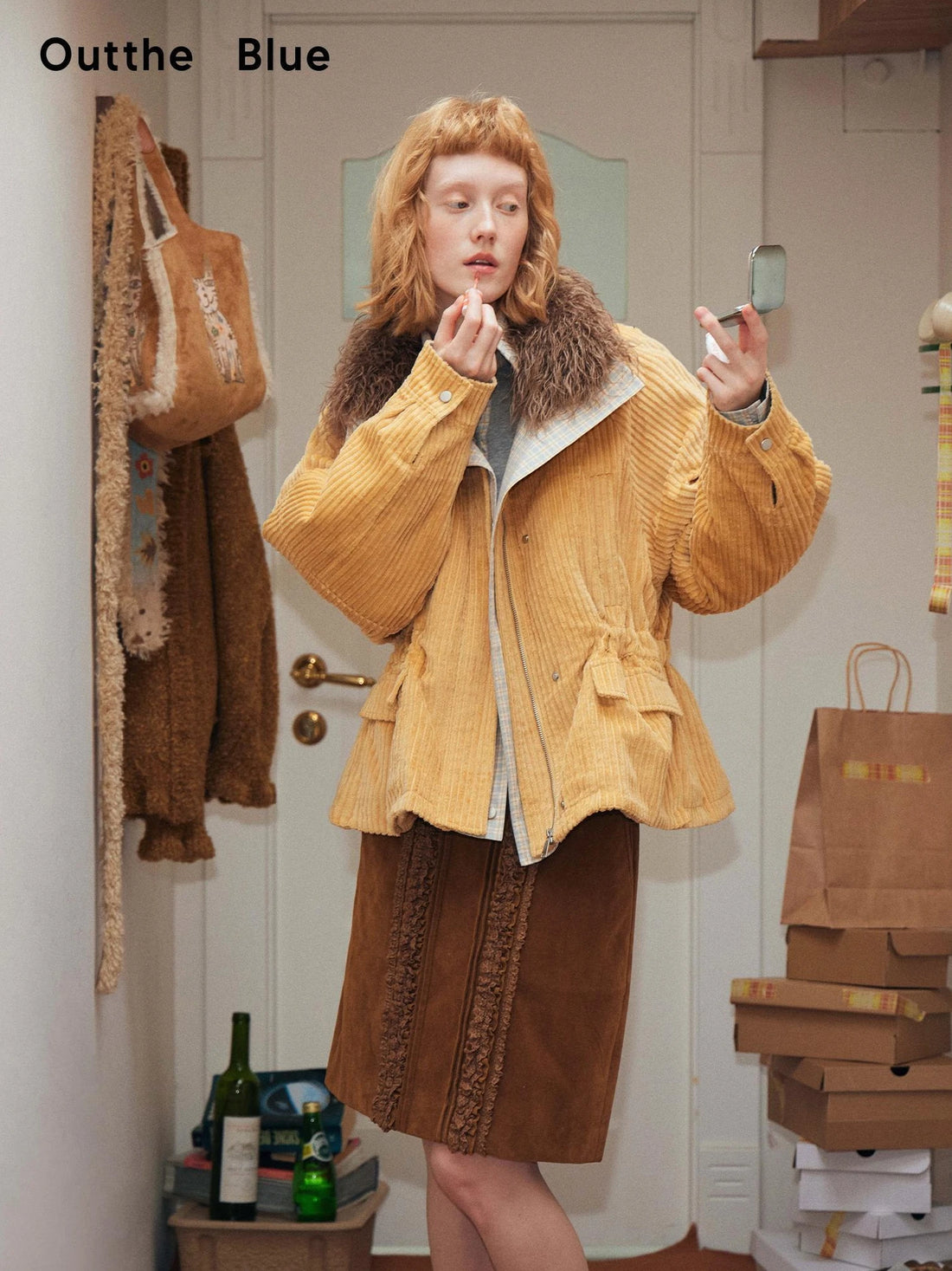 OuttheBlue Winter Blue Cozy Lined Collar Coat V-neck T-shirt Long Sleeve